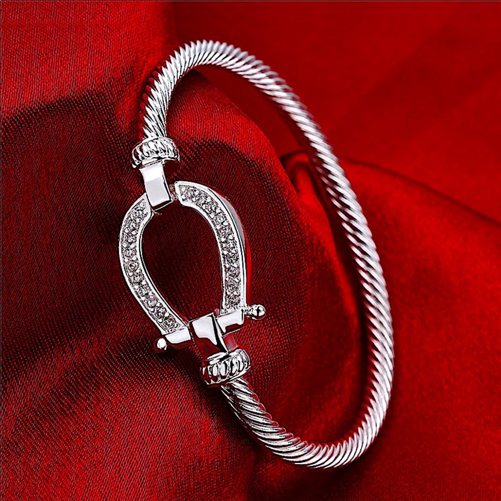 Sterling Silver Horseshoe Design Zircon Twisted Bangle Bracelet - Picture 1 of 13